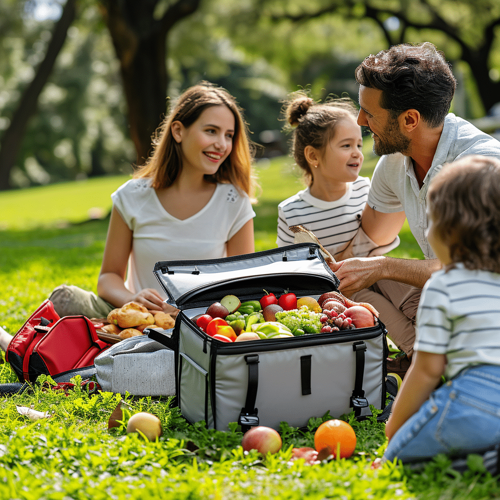 Family enjoying a picnic with fresh fruits and food in a park
