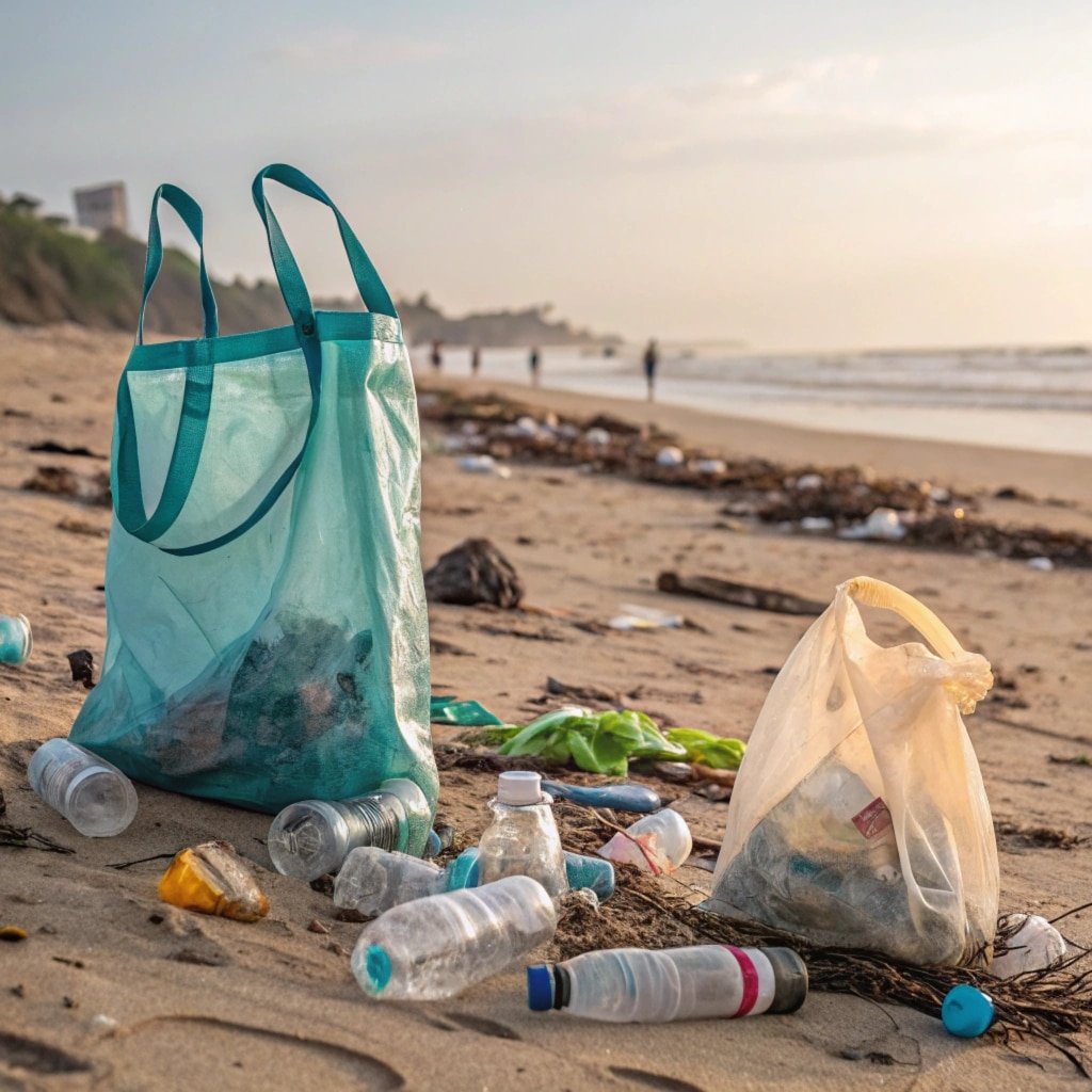 Beach cleanup with reusable bags, littered plastic bottles and trash collected