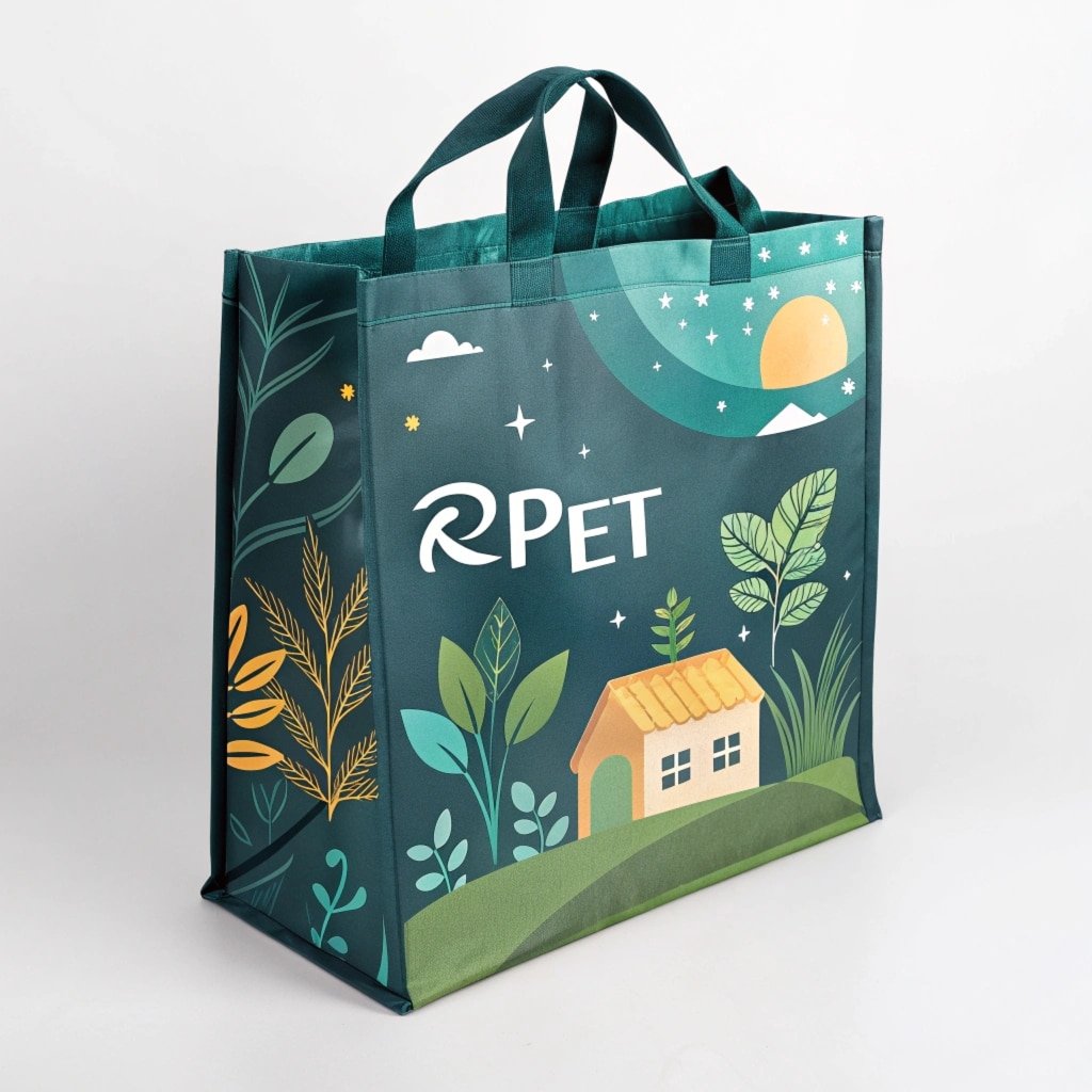 Reusable eco-friendly bag with RPET logo, a sustainable green tote design