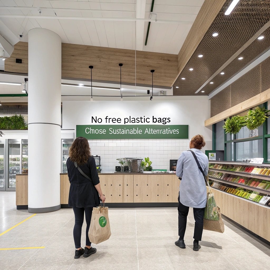 Grocery store promoting sustainable alternatives to plastic bags with eco-friendly signage