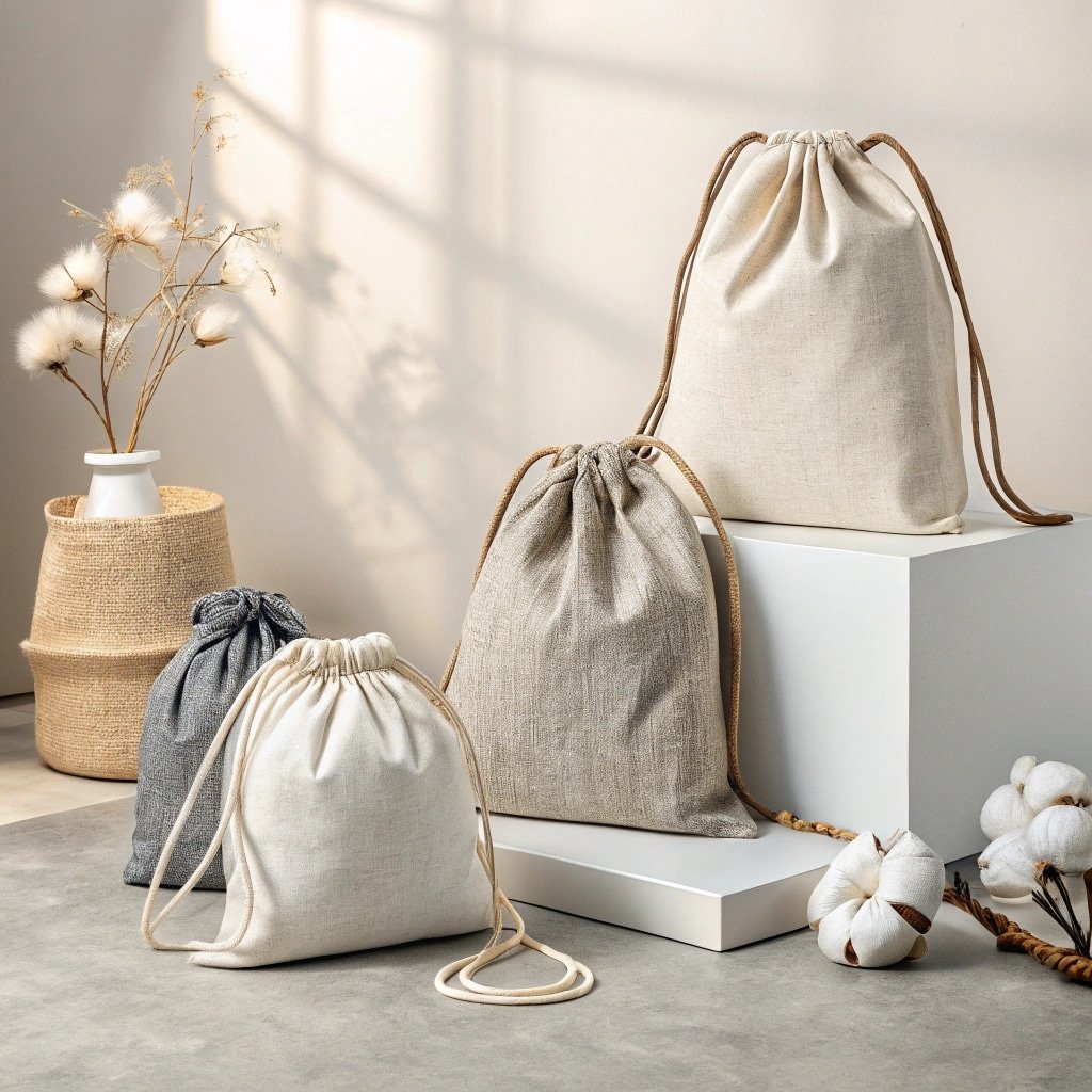 Eco-friendly drawstring cotton bags with natural tones and minimalist decor