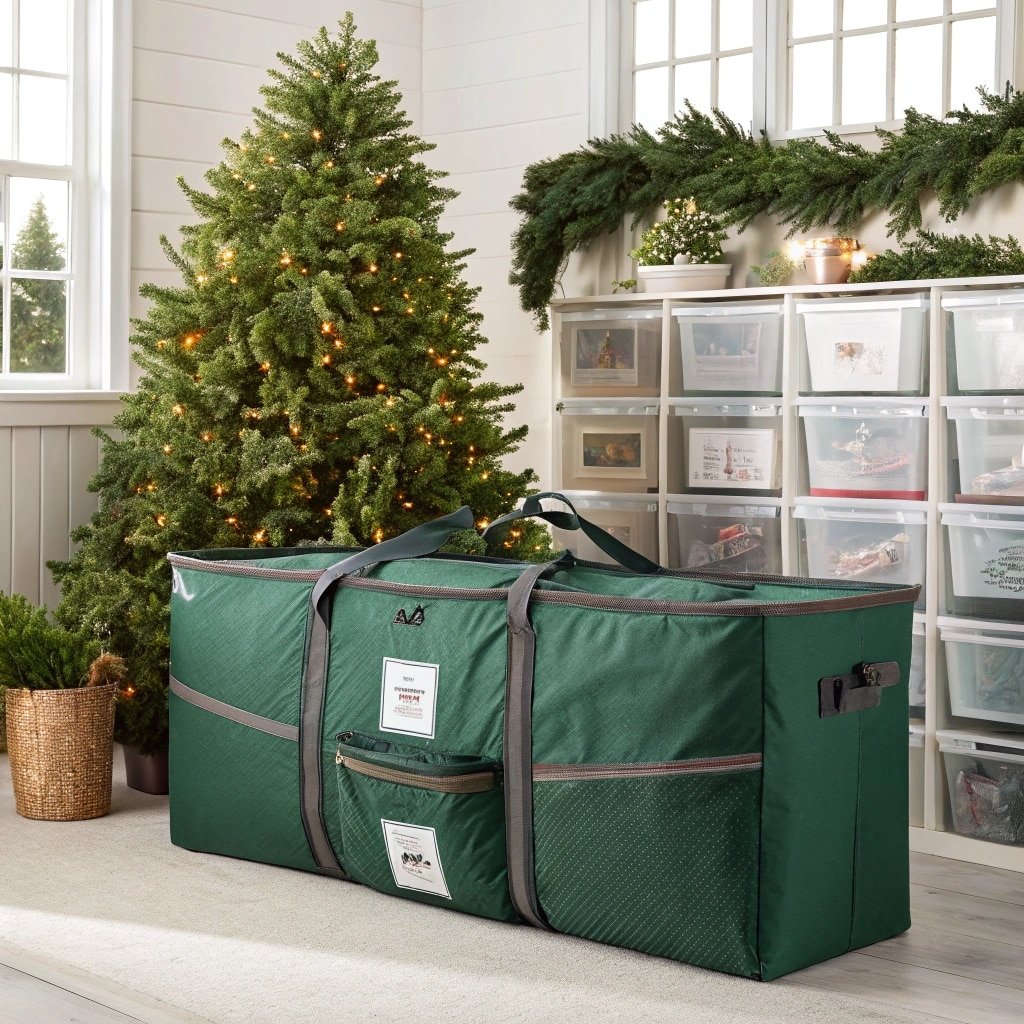 Large green Christmas tree storage bag next to a decorated tree and storage shelves