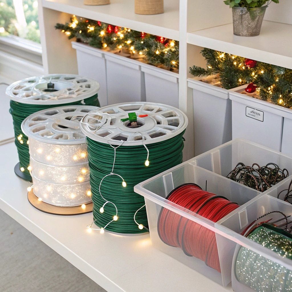 Christmas light storage rolls and plastic bins for organizing holiday decorations