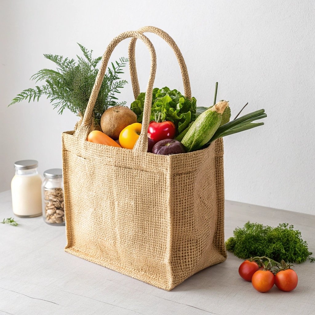 Reusable jute grocery bag filled with fresh vegetables and fruits on a table