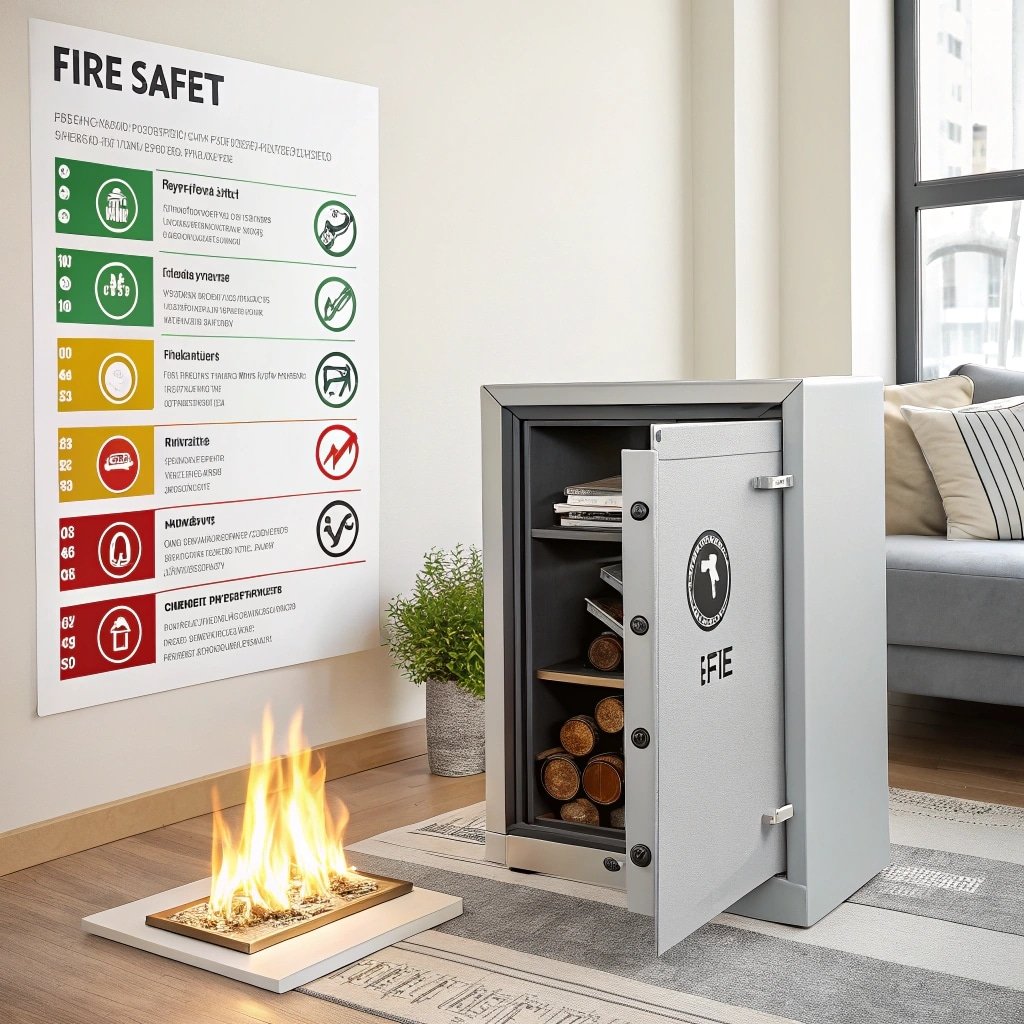 Fireproof safe with fire safety poster in background