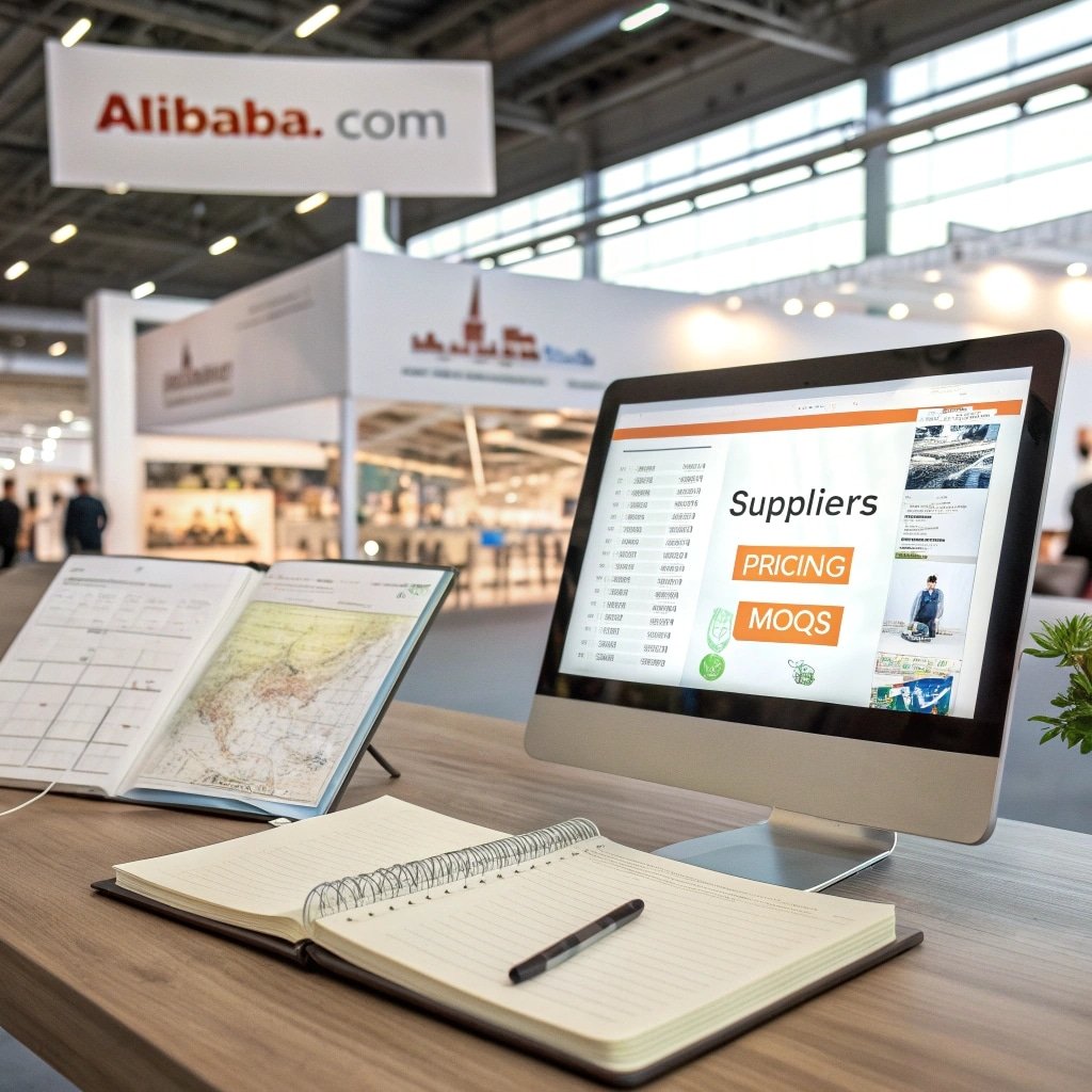 Computer displaying supplier details with pricing and MOQs at an Alibaba trade show booth