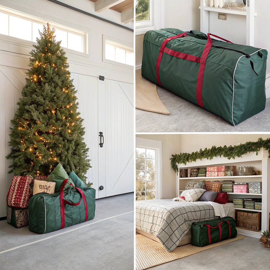 Collage of green Christmas tree storage bag with red straps next to decorated trees and storage areas
