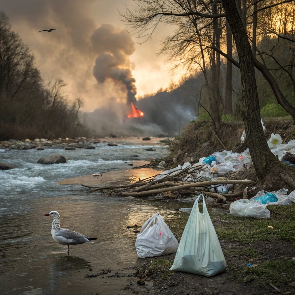 Riverbank littered with plastic bags and waste, with smoke and fire in the background