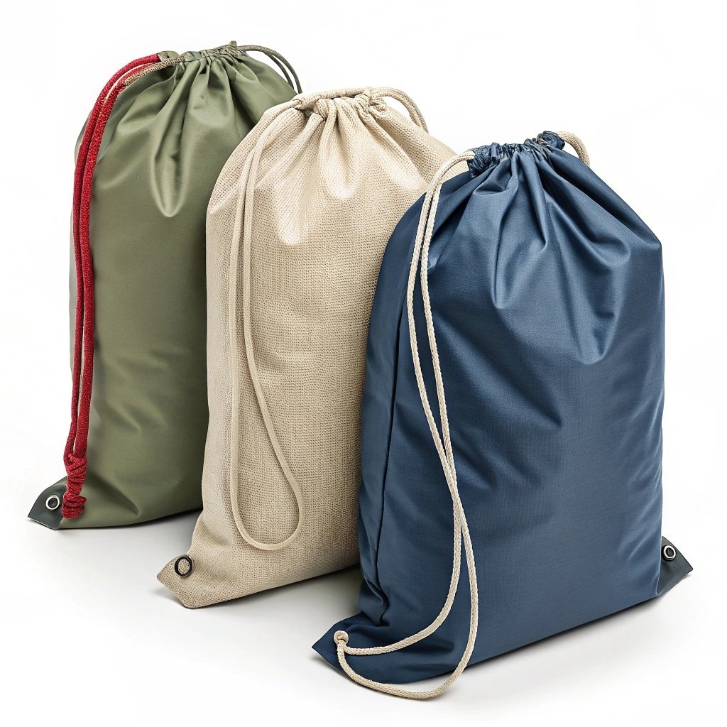 Durable drawstring bags in green, beige, and navy blue with sturdy materials