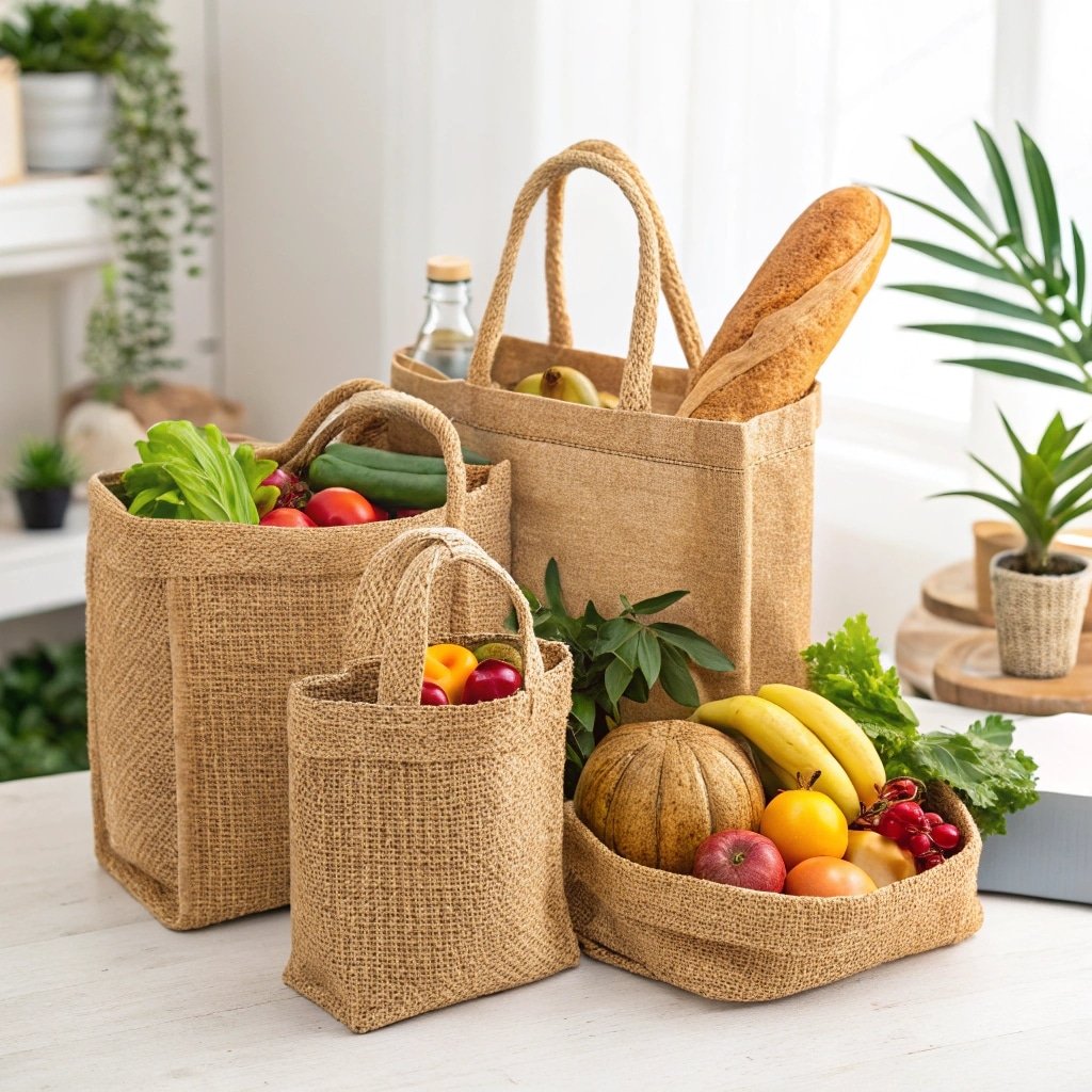 Set of eco-friendly jute bags filled with fresh fruits and vegetables on a table