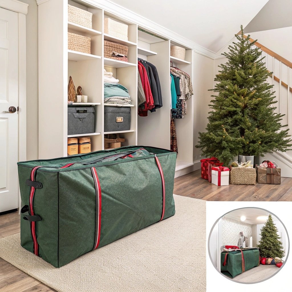 Large green storage bag for Christmas tree with festive accents