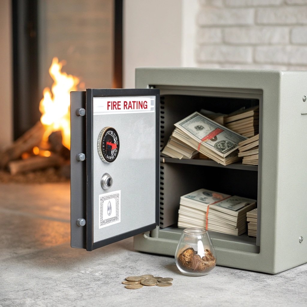 fire resistant safe with money inside and fire in the background