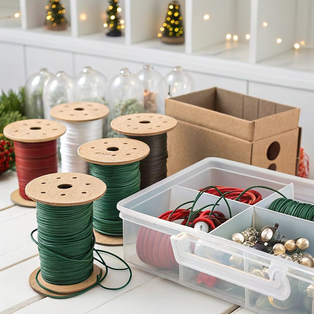Organized holiday crafting supplies with spools and storage boxes
