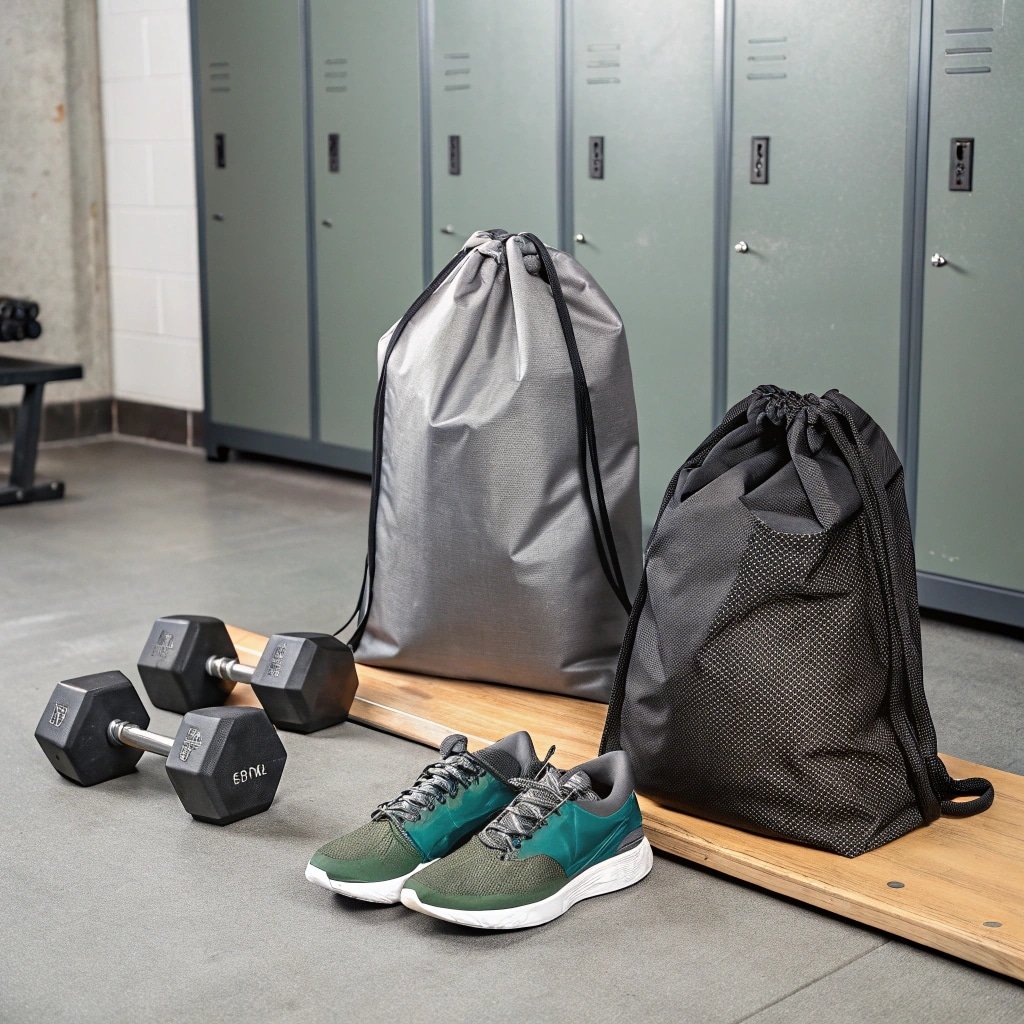 Gray and black drawstring bags with gym equipment in a locker room