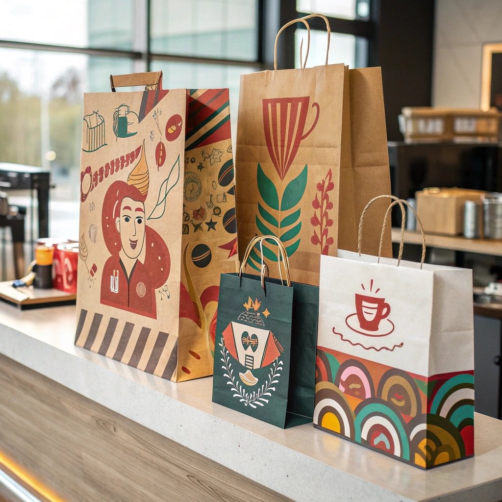 Colorful printed paper bags for coffee shop branding
