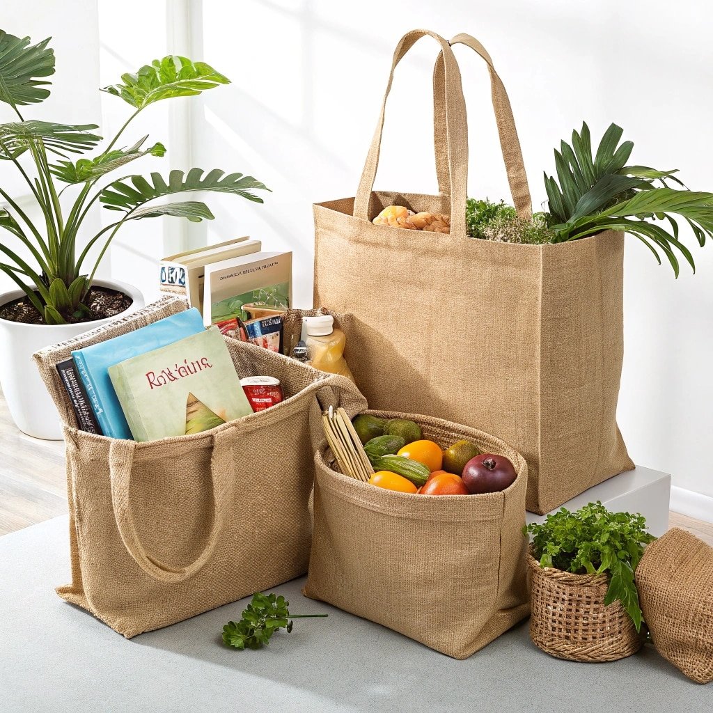 Eco-friendly jute bags filled with groceries, books, and fresh produce in a bright room