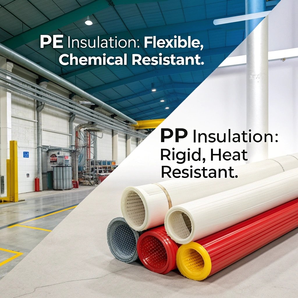 Comparison of PE and PP insulation highlighting flexibility, chemical, and heat resistance