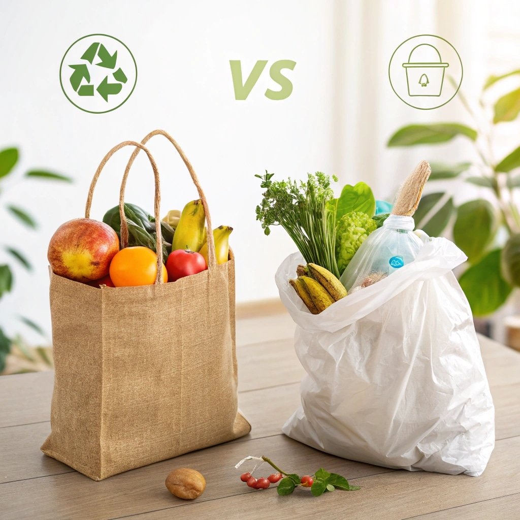 Comparison of eco-friendly jute bag vs plastic bag, both filled with fresh groceries