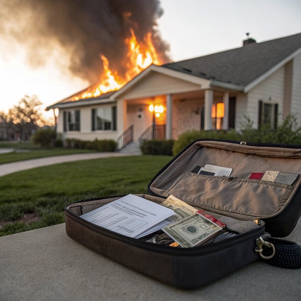 Emergency kit with documents and money in front of a house on fire