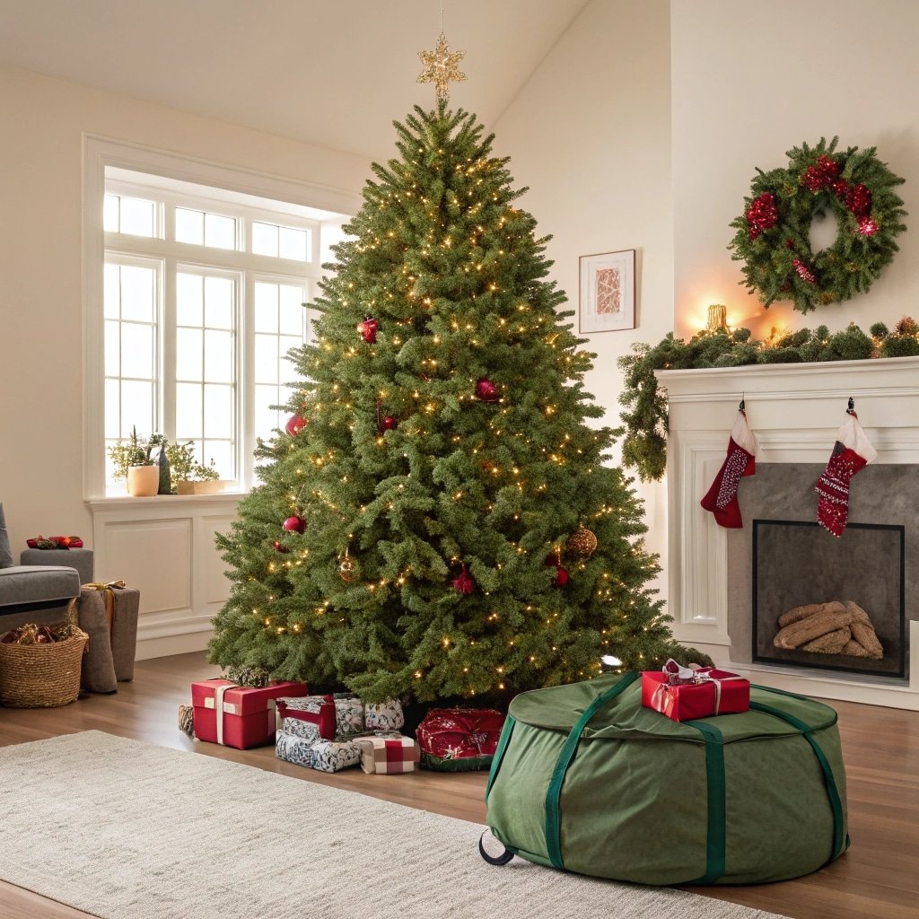 Decorated Christmas tree with green storage bag and festive gifts