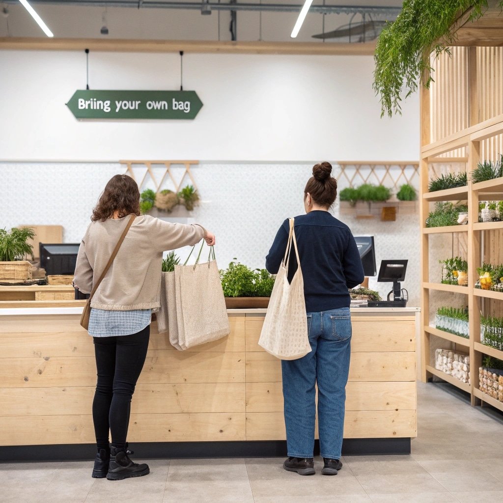 Shoppers using reusable bags at a checkout counter with a sign promoting eco-friendly practices