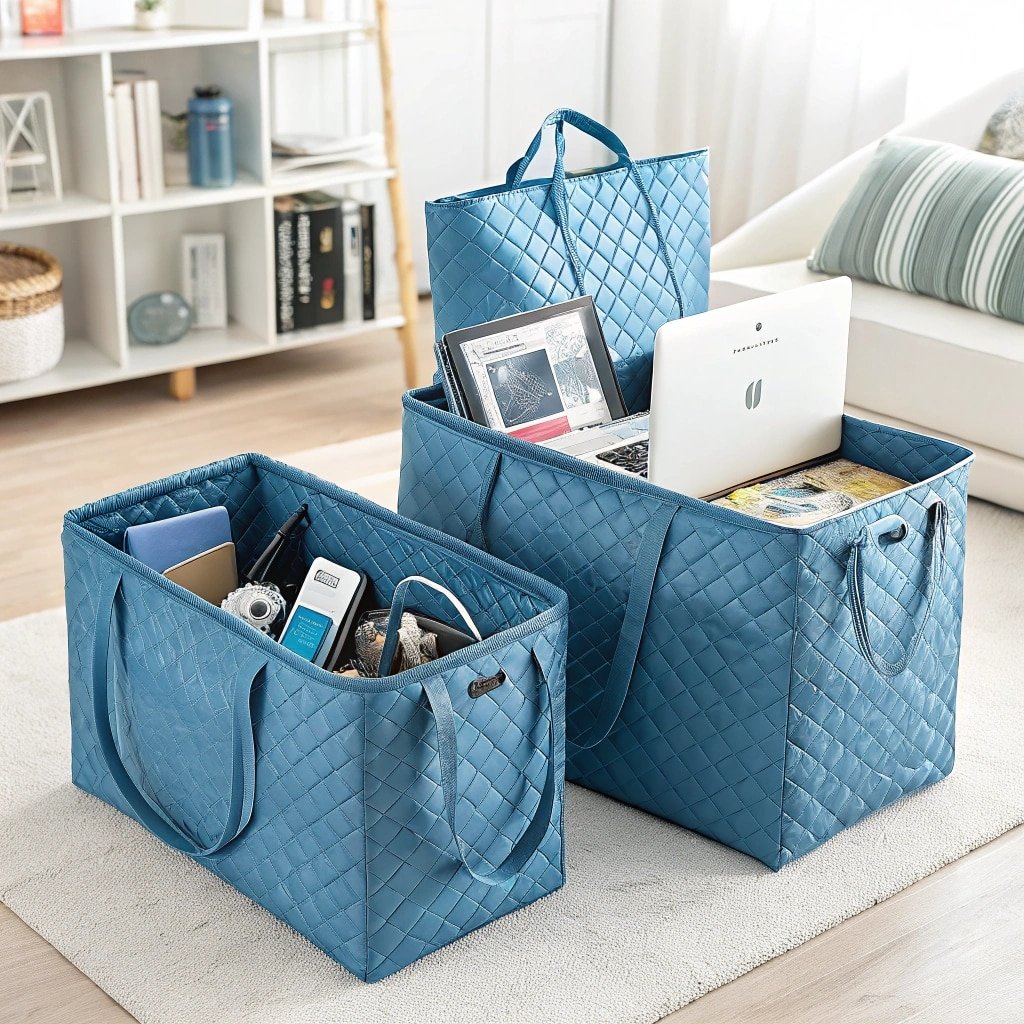 Blue quilted storage bags with handles holding laptops and electronics