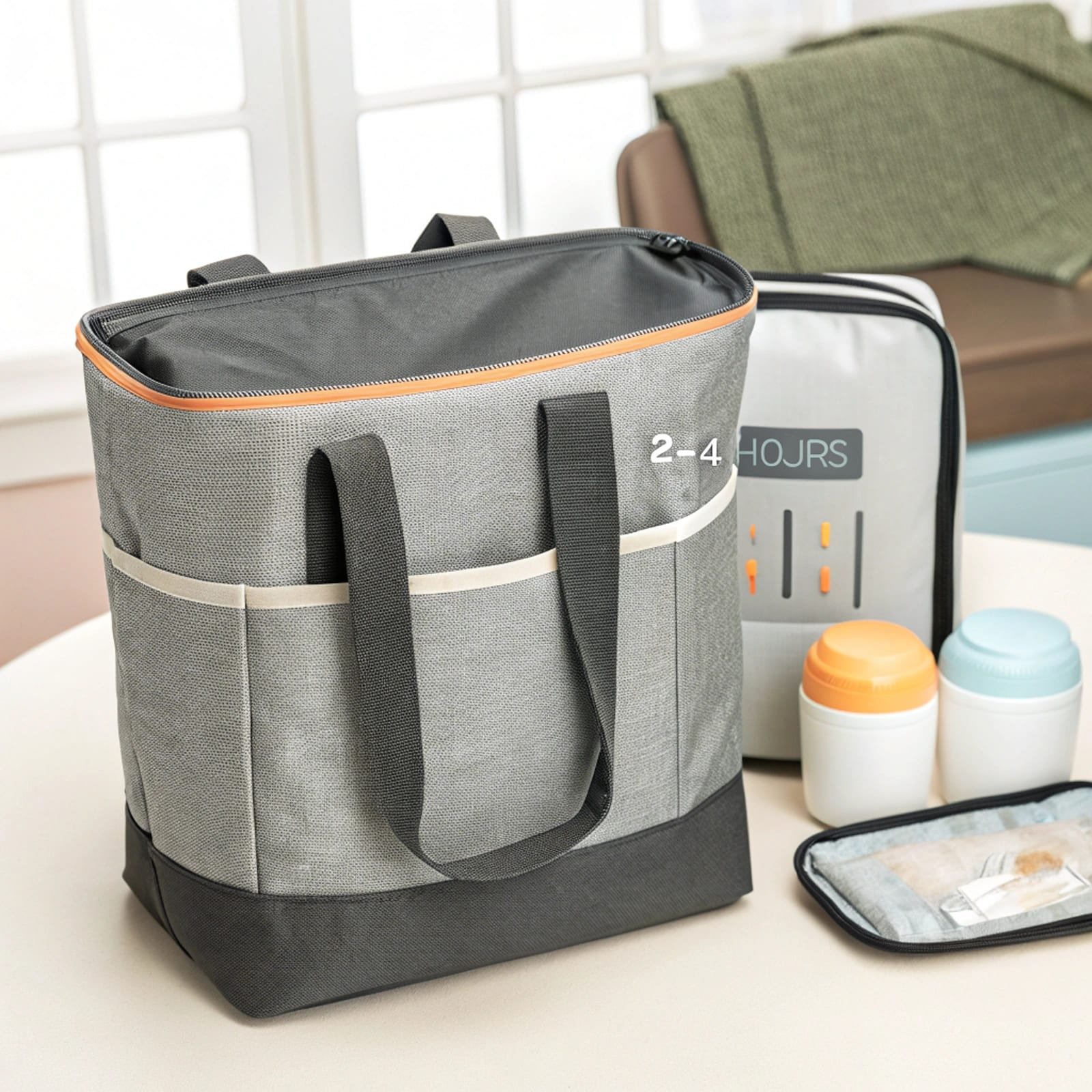 Gray insulated cooler bag with "2-4 hours" label, suitable for storing food or drinks