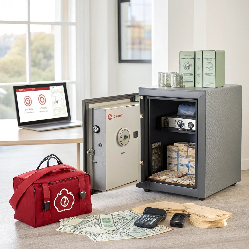 Fireproof safe with cash, documents, and emergency bag
