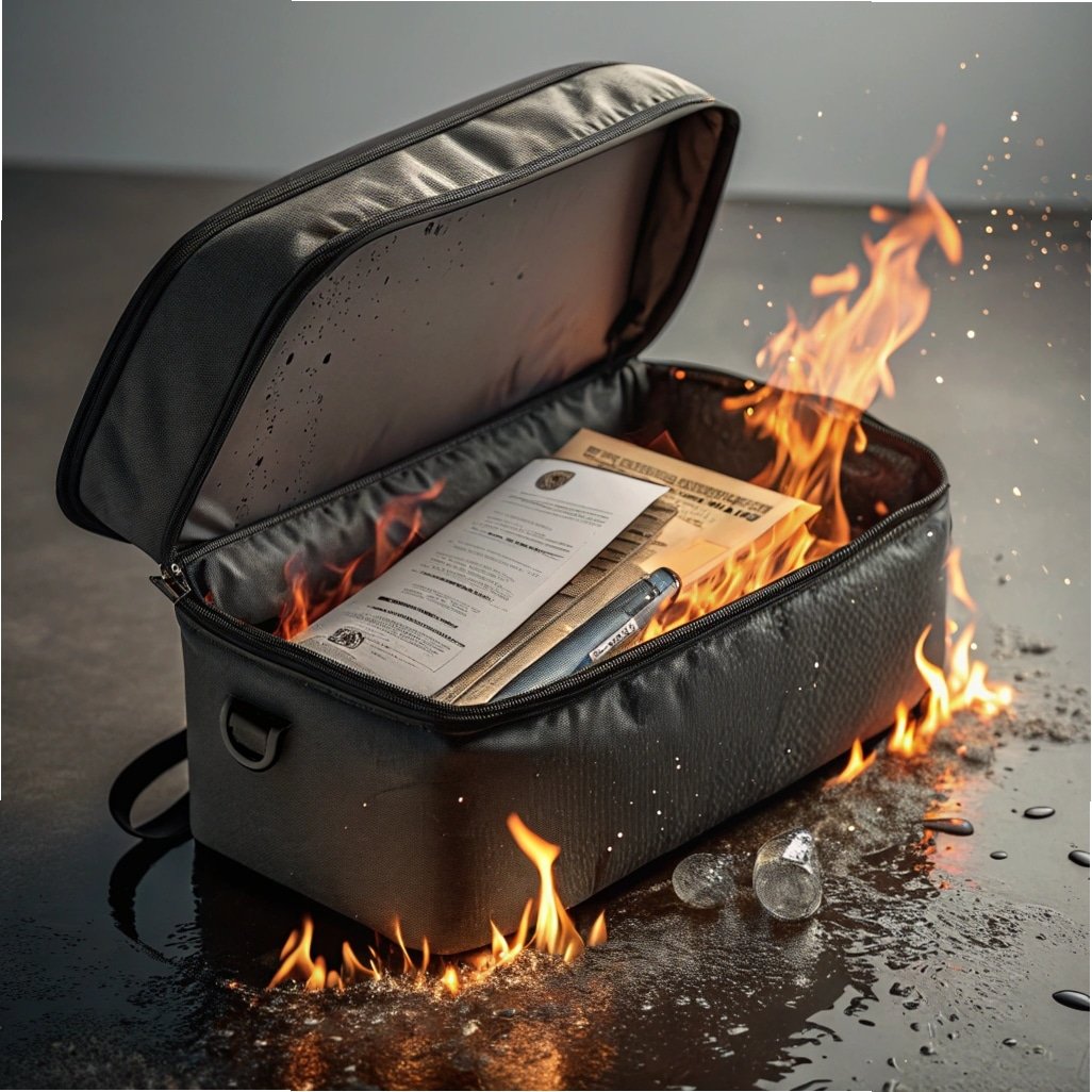 Fireproof bag with flames and documents inside