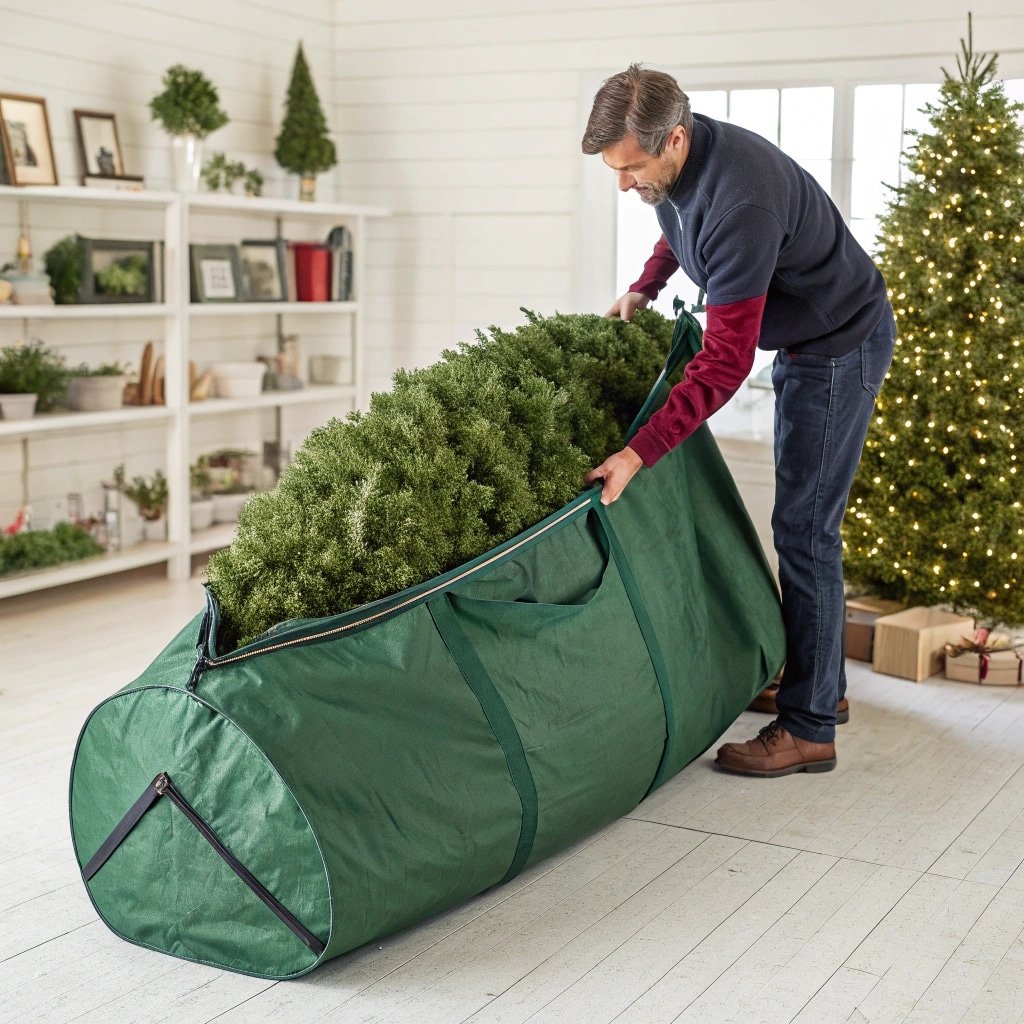 Man storing artificial tree in green storage bag, festive room decor in background