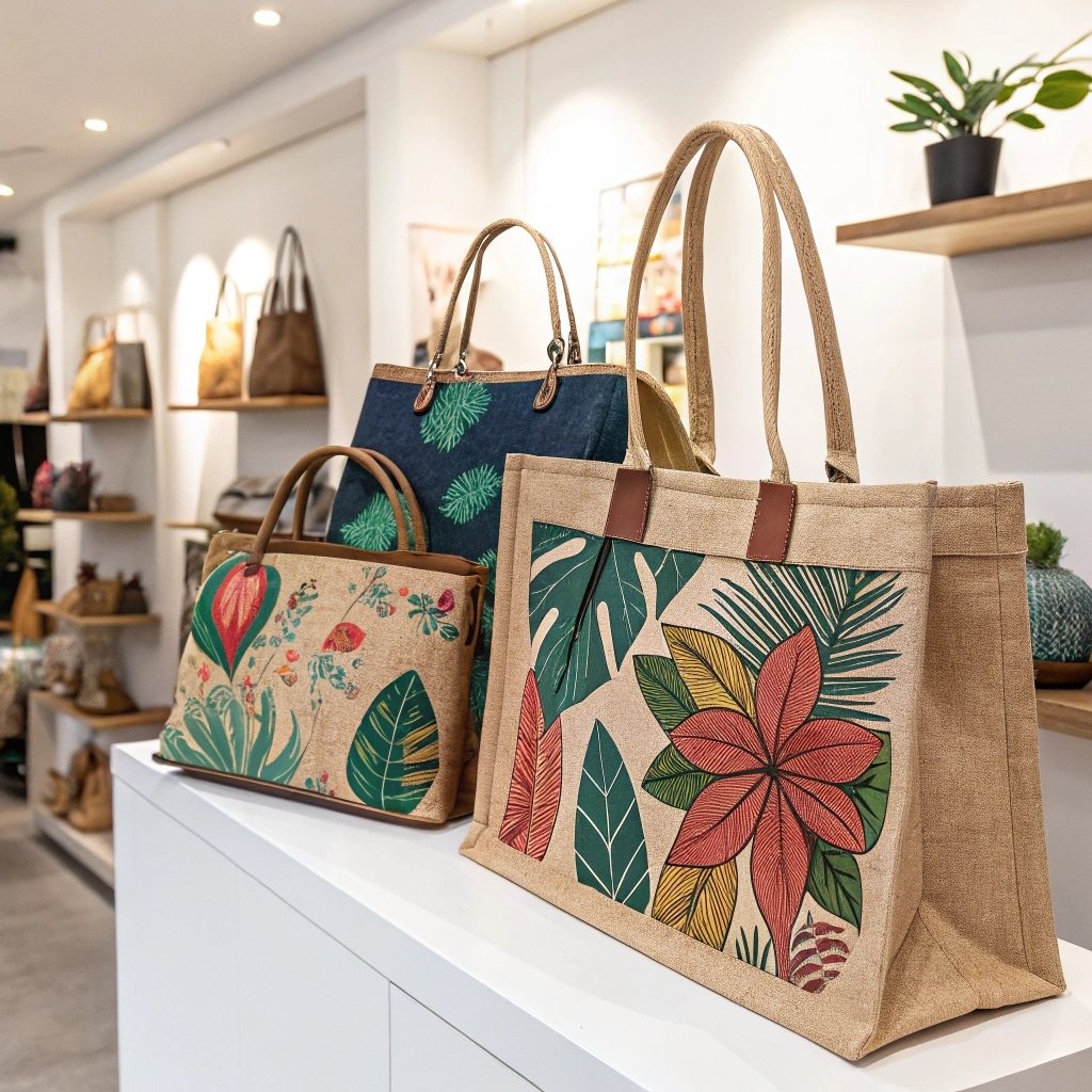 Stylish eco-friendly jute bags with colorful floral and leaf patterns on display