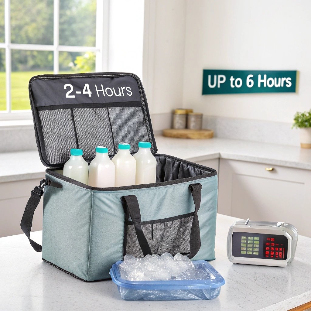 Light blue insulated cooler bag with "2-4 hours" label, storing milk bottles and ice