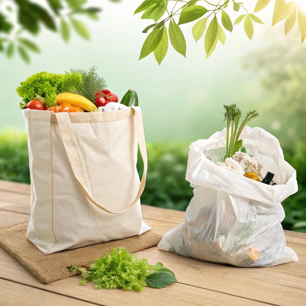 Eco-friendly reusable cotton tote bag compared with disposable plastic bag