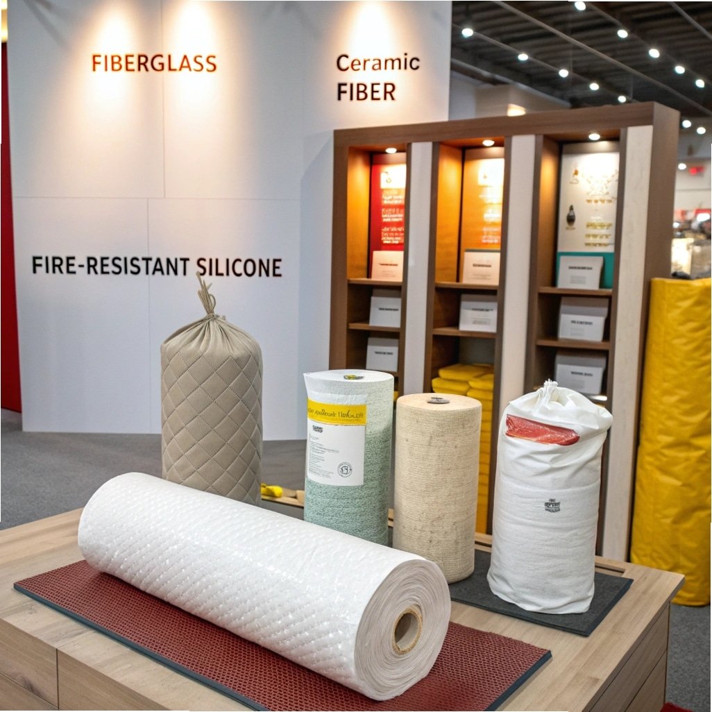 Fire-resistant materials like fiberglass and ceramic fiber at an exhibition
