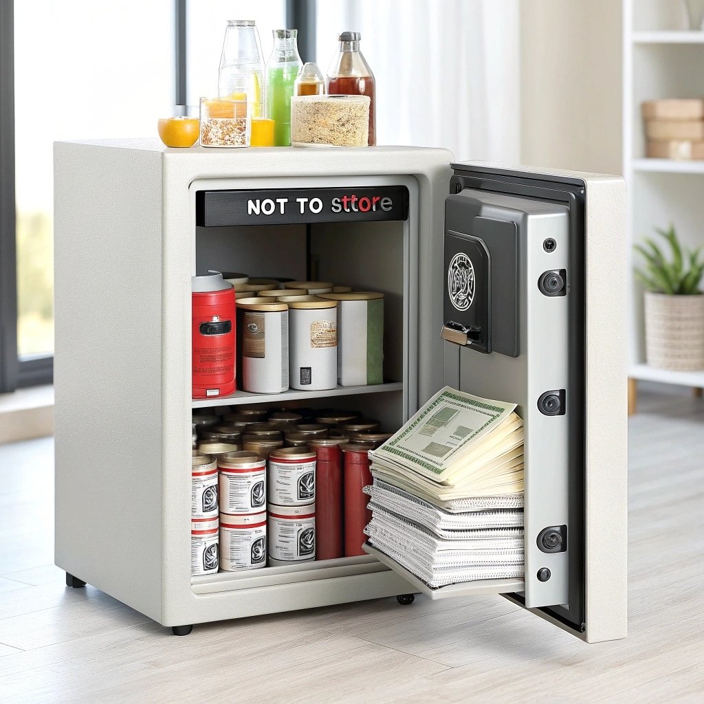 Fireproof safe with food items and money