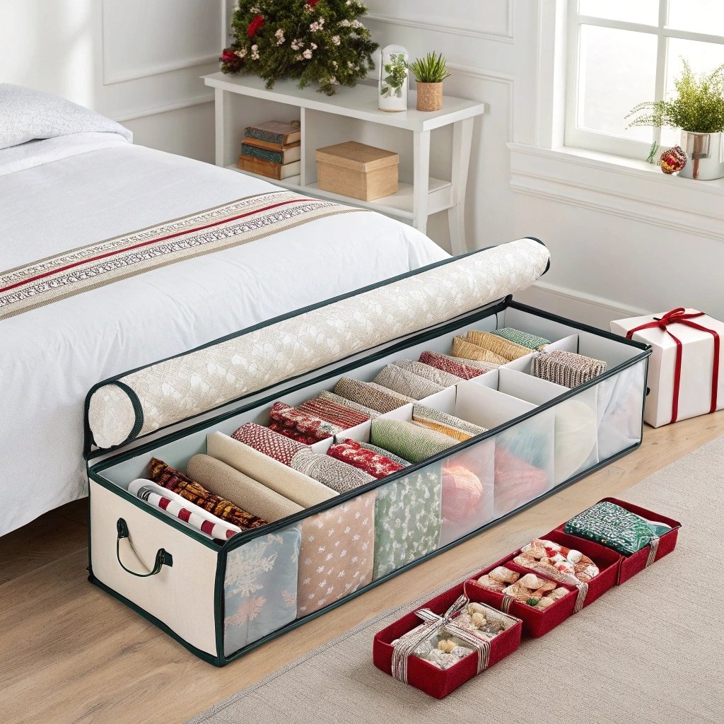 Underbed storage bag filled with festive wrapping paper and holiday decor, cozy bedroom setup