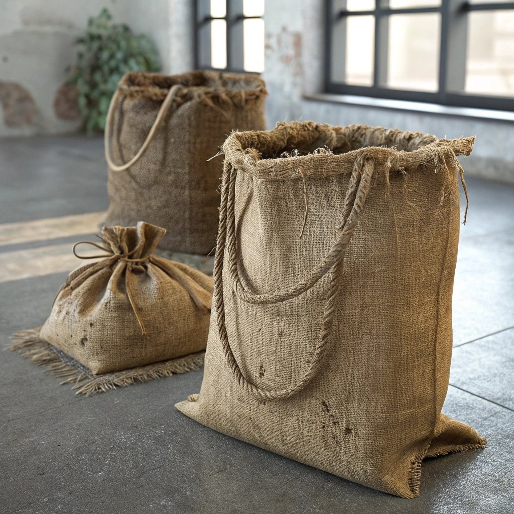 Rustic jute bags with frayed edges and drawstring design