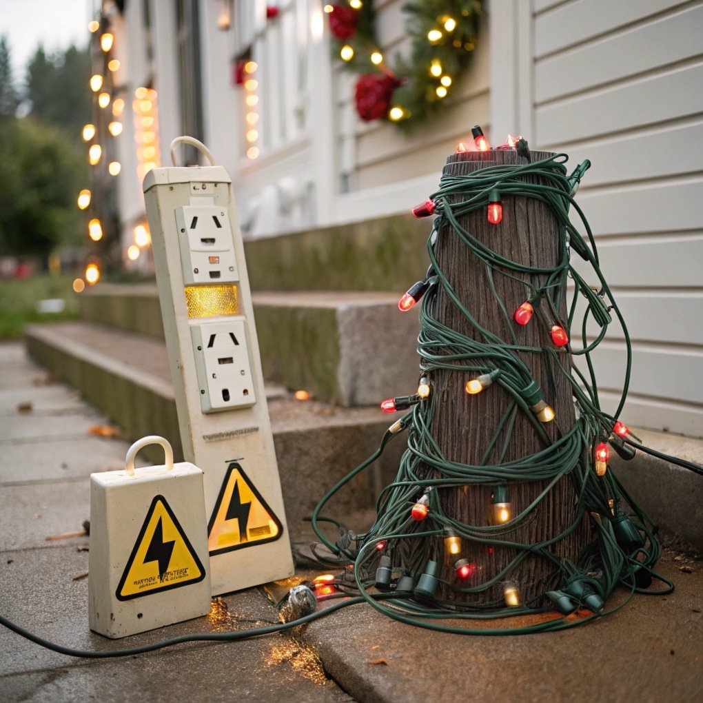 Christmas lights and extension cord with warning signs
