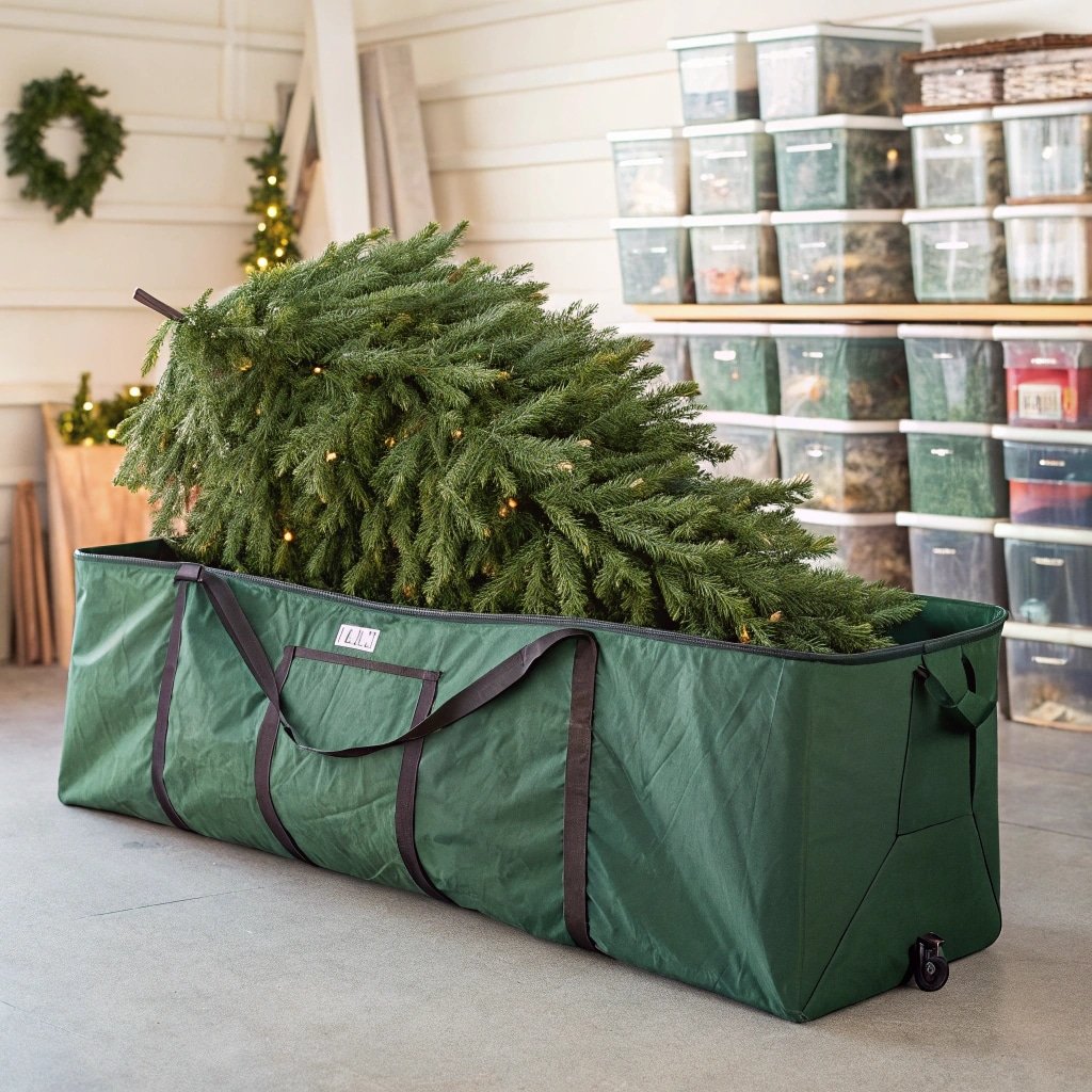 Large green storage bag holding an artificial Christmas tree, organized holiday storage setup