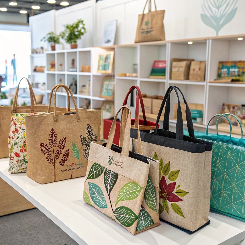 Assortment of eco-friendly tote bags with vibrant leaf and floral designs