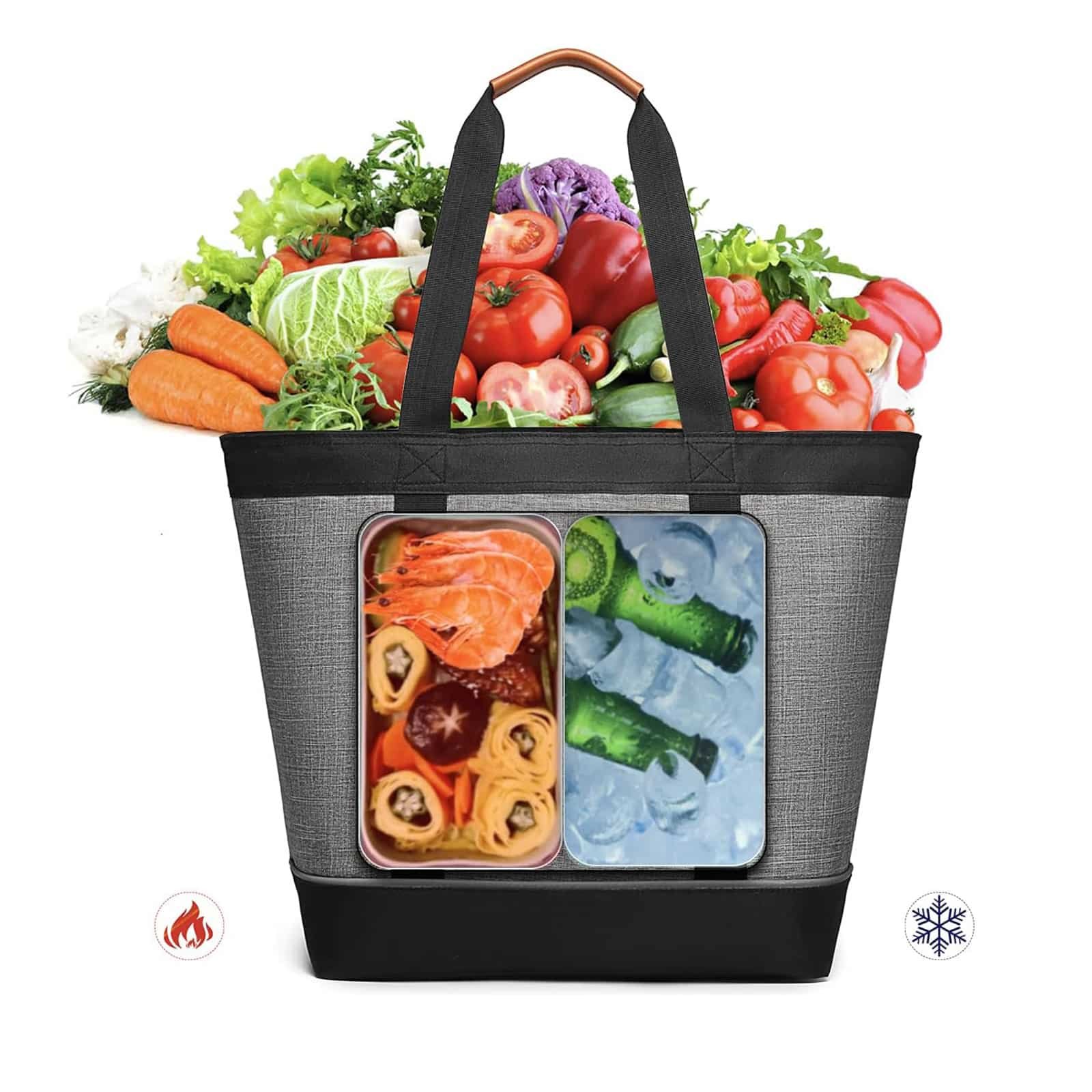 Large insulated grocery tote bag with compartments for hot and cold items, filled with produce