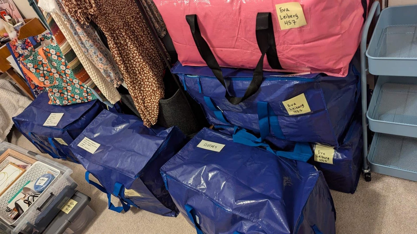 Blue and pink storage bags labeled and stacked near clothing rack