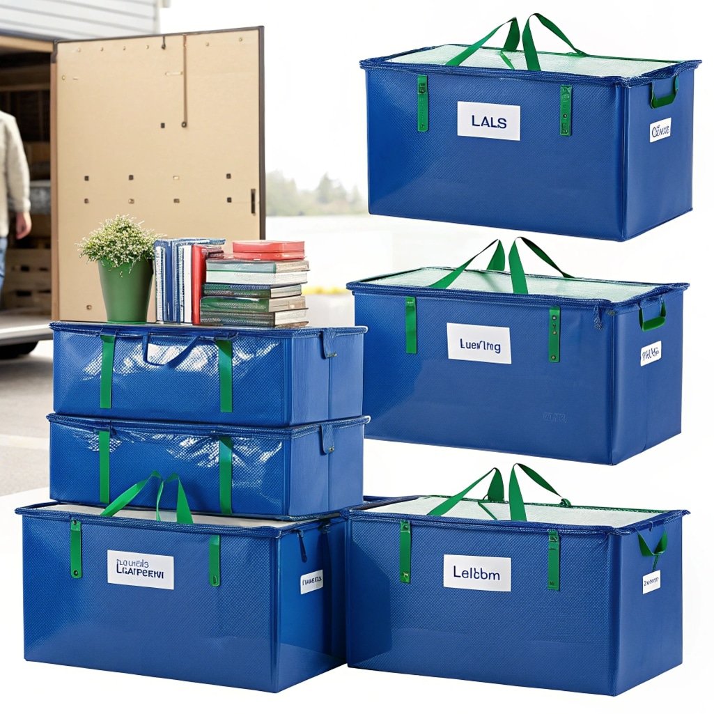 Set of blue heavy-duty storage bags with green handles, ideal for moving and organizing