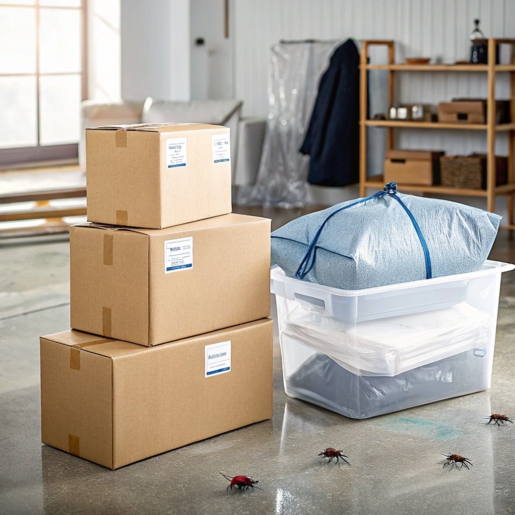 Stacked cardboard boxes, a sealed storage bag, and plastic containers in a clean storage room