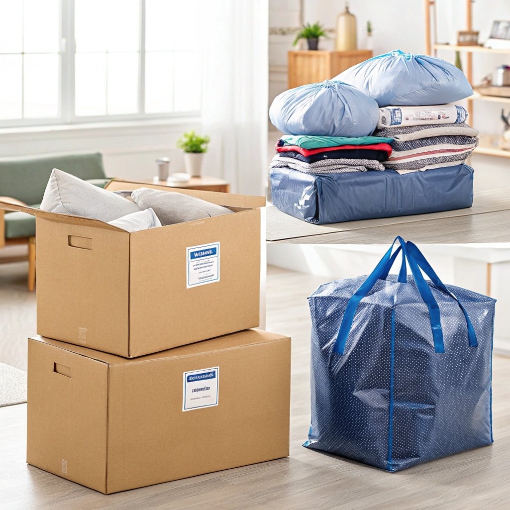 Cardboard boxes, vacuum-sealed bags, and a reusable storage bag for home organization