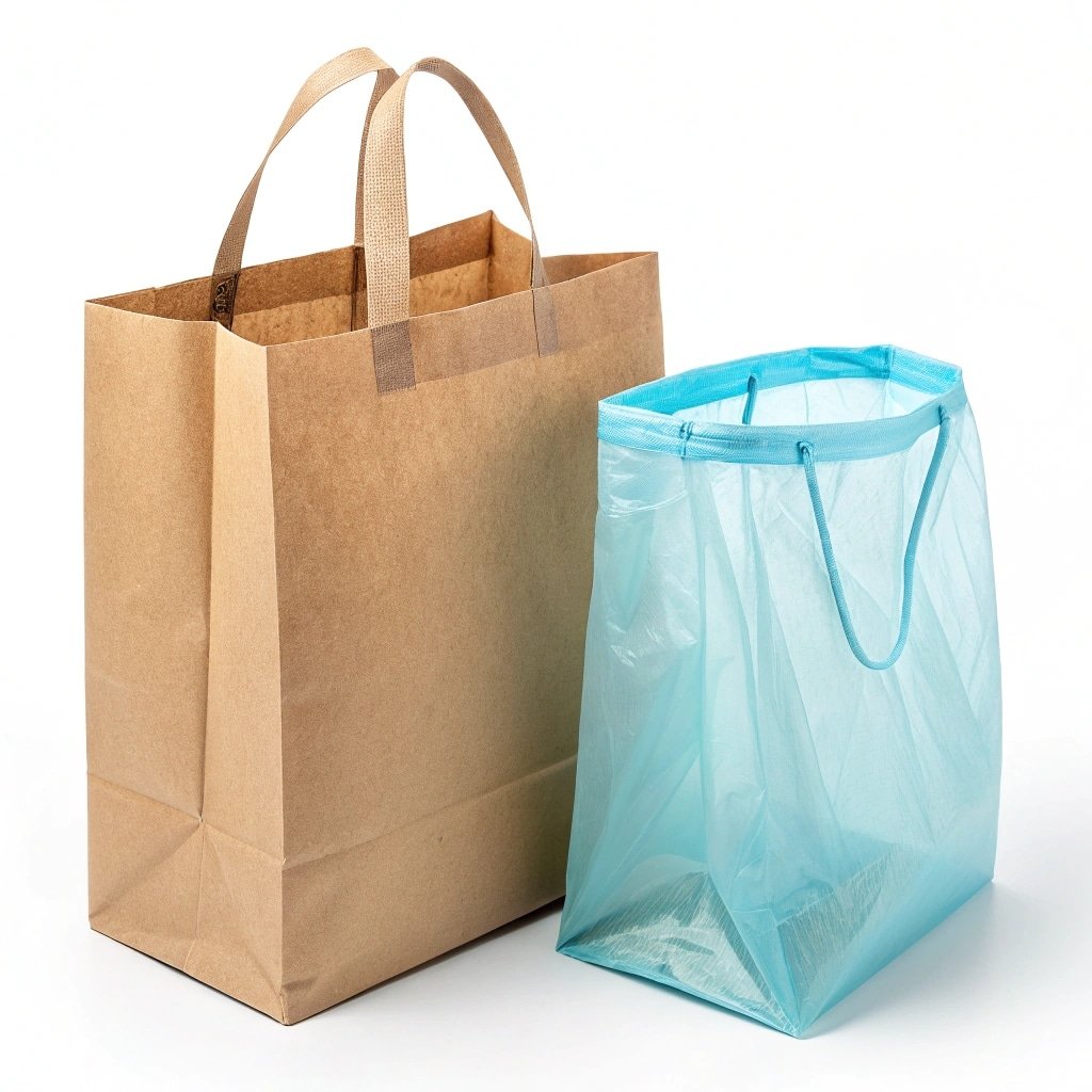 Eco-friendly brown paper bag and reusable blue mesh bag side by side