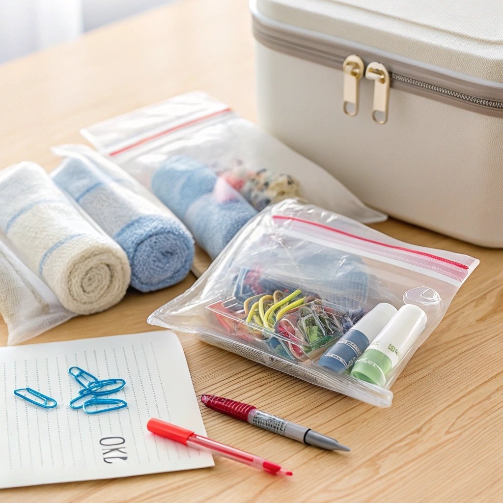 Reusable ziplock bags storing towels, stationery, and toiletries on a wooden table