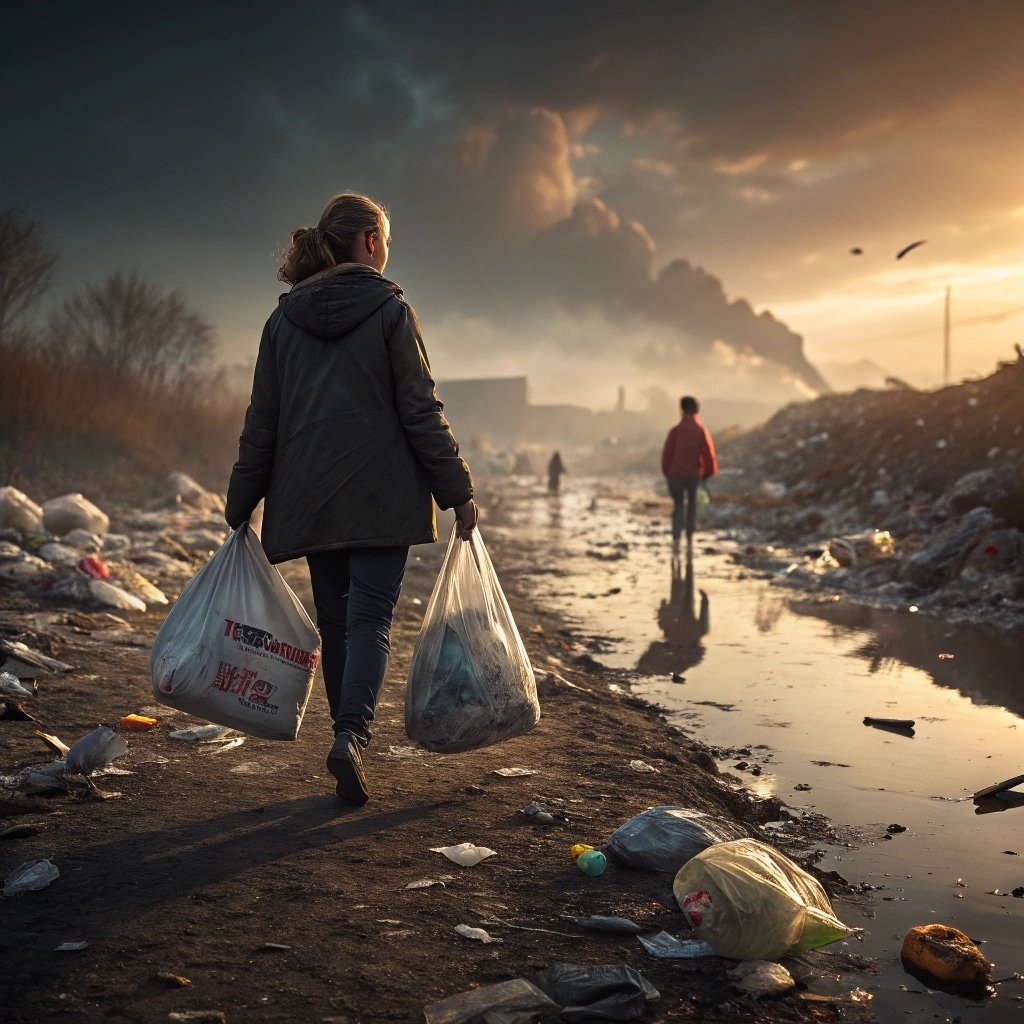 Person carrying plastic bags through a polluted area with industrial smoke in the background