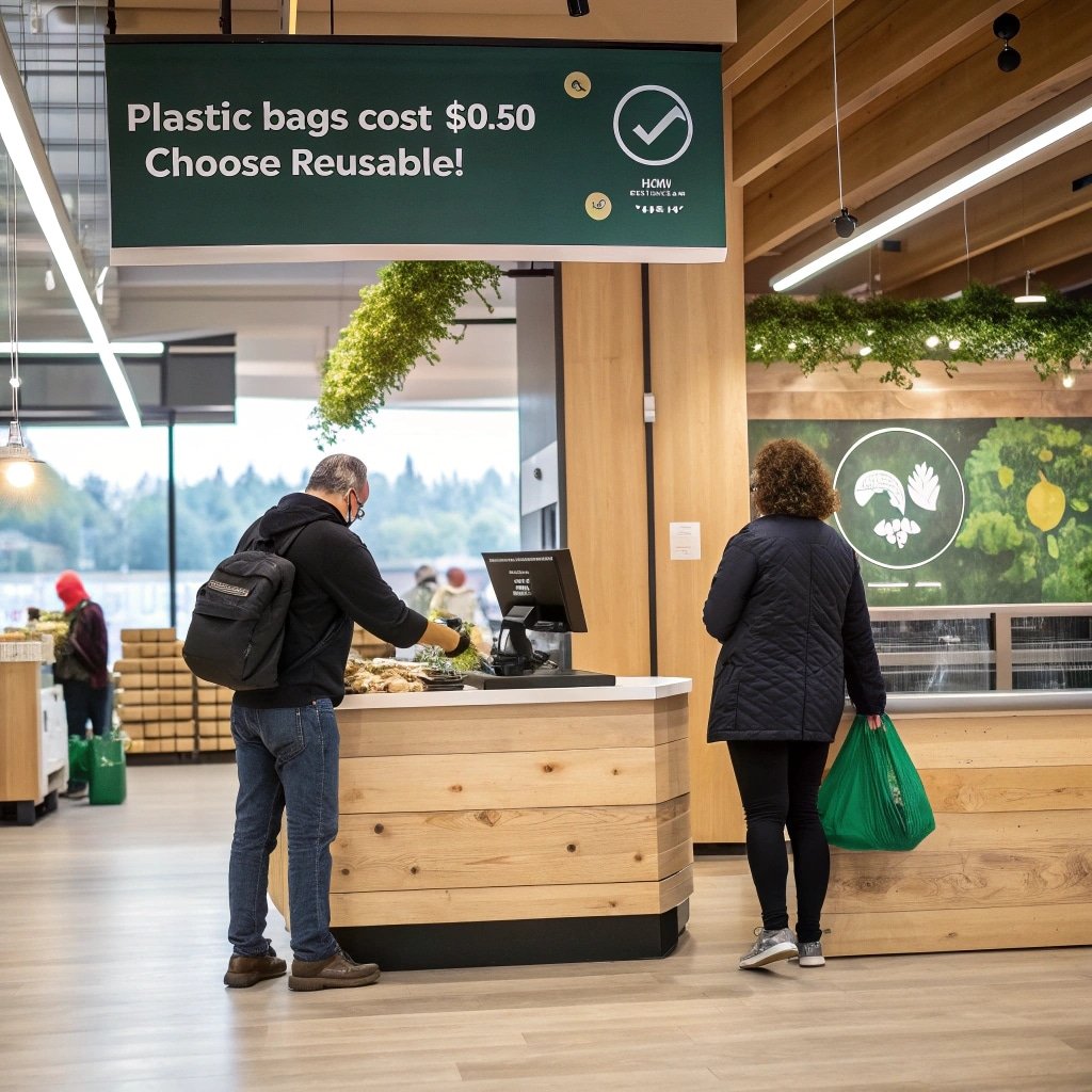 Grocery store checkout with a sign encouraging reusable bags over $0.50 plastic bags