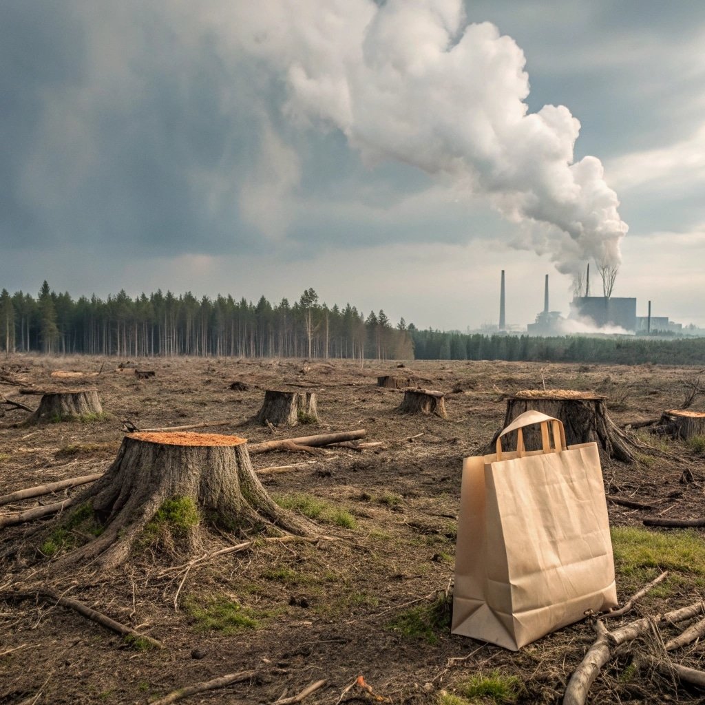 Paper bag on deforested land with factory emissions in the background
